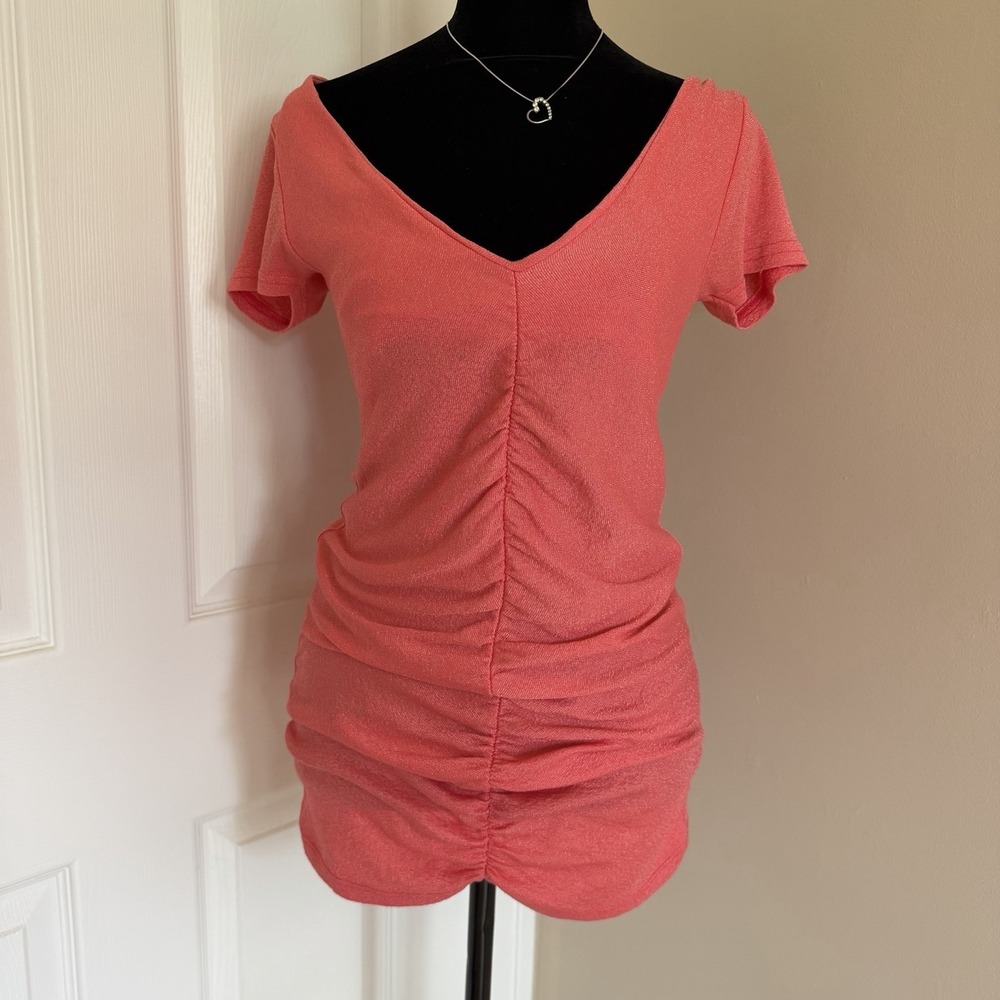 Michael Stars Womens Coral Metallic Shimmery Shirt USA Made Ruch (OS) V-Neck Y2K